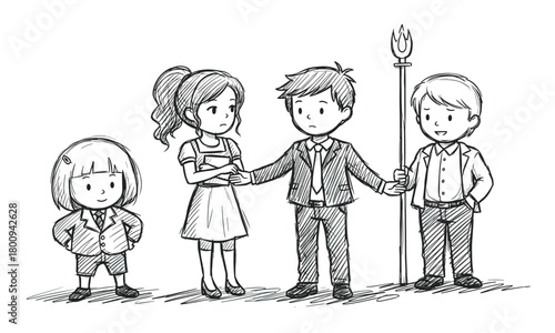A hand-drawn sketch of a diverse team of four children dressed in business attire, standing together and representing teamwork, leadership, and youthful ambition on a white background