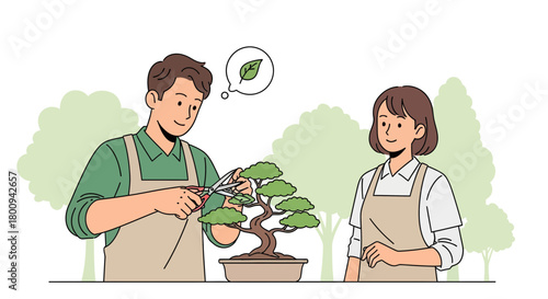 Couple Enjoy Bonsai Gardening Together With Patience And Appreciating Artistic Forms of Nature