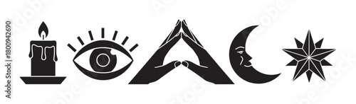 Set of minimalist black glyph icons for magic and spirituality, featuring a burning candle, mystic eye, hand gesture, moon with face, and celestial star in a row
