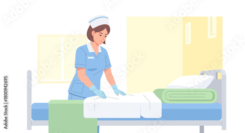 Dedicated Nurse Prepares Bed In Hospital Room For Patient, Providing Care And Support