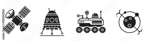 A collection of black glyph icons representing space exploration technology, including a satellite, lander, rover, and an orbital system, isolated on a white background