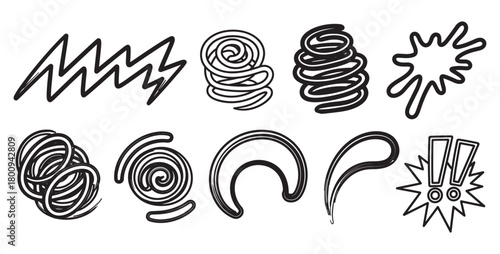 A collection of hand-drawn black and white comic book style elements including spirals, zigzags, a splash, and an exclamation mark symbol isolated on a white background