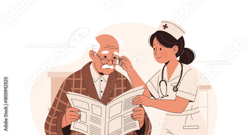 Elderly Gentleman Receives Eyecare From a Professional Nurse in a Nursing Home