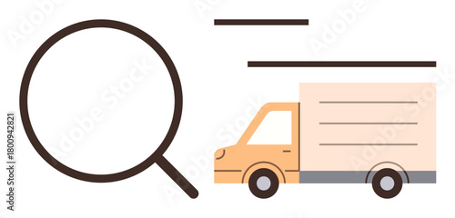 Magnifying glass emphasizes search near a delivery truck in motion. Ideal for logistics, shipping, delivery services, online shopping, tracking systems, transport management, simple flat metaphor
