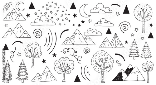 A cute collection of hand-drawn nature icons in a simple black line art style, including mountains, forests, stars, and a crescent moon, isolated on a white background