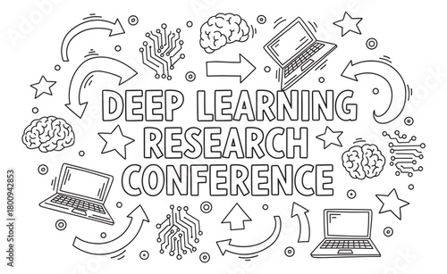 A hand-drawn doodle illustration for a deep learning research conference, featuring black and white line art icons of brains, laptops, circuit boards, and arrows on a white background