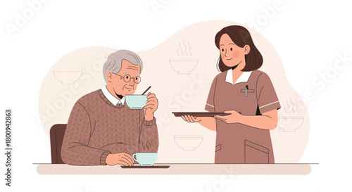 Elderly Care Professional Serving A Hot Drink To A Senior Patient In A Comfortable Setting