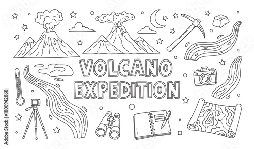 Hand-drawn doodle set of volcanology and geology exploration items, including an erupting volcano, lava, map, camera, and research equipment in a black and white outline style