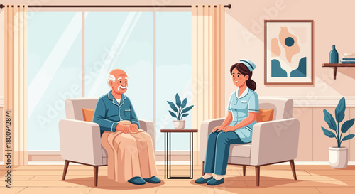 Elderly Man Receiving Medical Care From A Nurse In A Comfortable Living Room Scenario