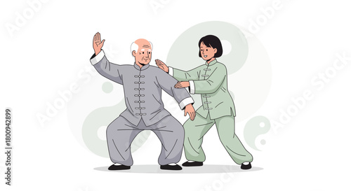 Elderly Man and Woman Practicing Tai Chi with Yin Yang Symbolism in Illustration