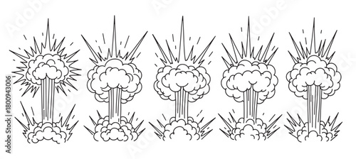 Collection of cartoon bomb blast illustrations showing a powerful explosion sequence with smoke and fire, presented as a black outline doodle set on a white background