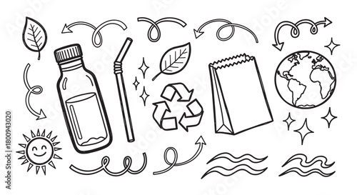 A collection of hand-drawn doodle icons about ecology, including a reusable bottle, paper bag, recycling symbol, and planet Earth, illustrating a sustainable lifestyle concept