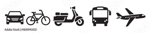 Minimalist collection of various transport vehicle icons, featuring a car, bike, scooter, bus, and airplane silhouette for travel and mobility concepts on a white background