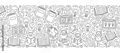 Creative hand-drawn doodle banner with children reading books, surrounded by educational symbols like computers, light bulbs, and a globe, illustrating the concept of learning and knowledge