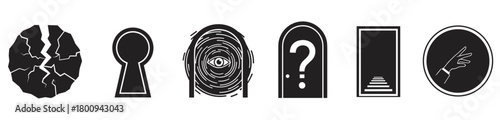 A set of six black and white minimalist icons representing abstract psychological concepts like mystery, anxiety, choice, and opportunity, isolated on a white background