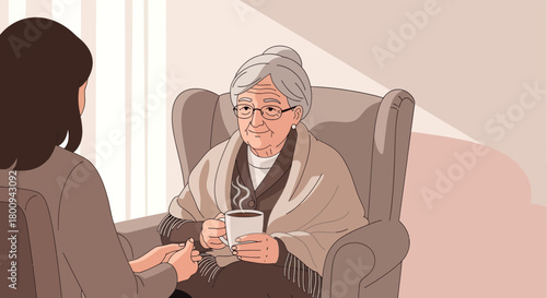 Elderly Woman Enjoying Coffee And A Conversation, A Moment Of Connection And Comfort