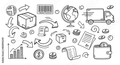 Hand-drawn doodle set of logistics and e-commerce icons including a delivery truck, parcel, globe, and money, illustrating concepts of global shipping and online business