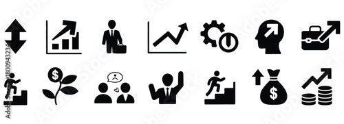 Unlock business growth with these professional icons showcasing upward trends, teamwork, and strategic vision for powerful presentations and websites, conveying success and innovation