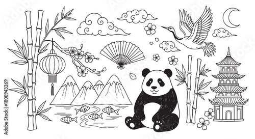 A charming collection of hand-drawn East Asian cultural symbols, including a panda, bamboo, pagoda, crane, and lantern, illustrated in a black line art style on a beige background