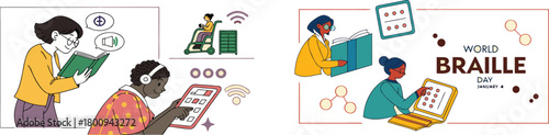 World Braille Day: Celebrating inclusivity and accessibility, an artwork honors World Braille Day, showcasing individuals embracing technology and literature. Promoting awareness.