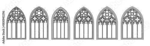 A collection of six Gothic arched windows with intricate tracery, presented as a black and white line art illustration set isolated on a plain white background