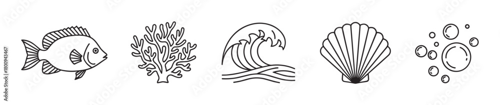Obraz premium A set of minimalist black and white line art icons representing marine life and the sea, featuring a fish, coral, ocean wave, seashell, and bubbles isolated on a white background