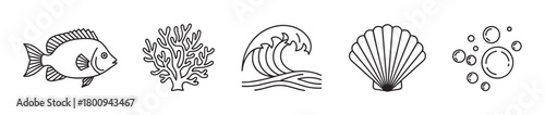 A set of minimalist black and white line art icons representing marine life and the sea, featuring a fish, coral, ocean wave, seashell, and bubbles isolated on a white background