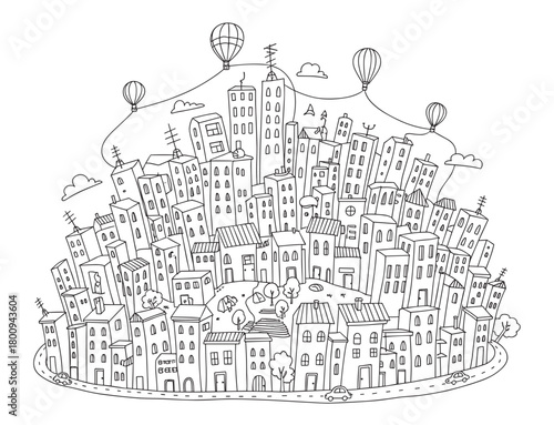 A whimsical hand-drawn doodle illustration of a bustling cartoon city with tall buildings, cars, and hot air balloons floating in the sky, isolated on a white background