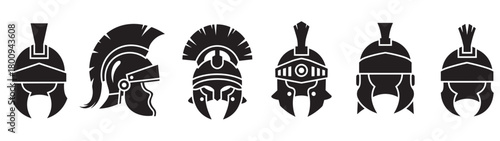 A collection of various ancient warrior helmets, featuring different historical designs in a bold black silhouette style, presented as a graphic icon set on a white background