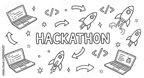 Creative banner illustration for a programming competition or hackathon, showing hand-drawn laptops, rockets, and development symbols in a simple black outline style