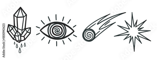 A set of hand-drawn mystical symbols including a crystal cluster, an all-seeing eye, a comet, and a starburst, isolated on a clean white background in a minimalist sketch style