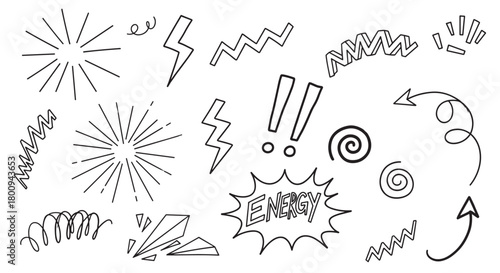 A collection of hand-drawn doodle elements in a comic book style, featuring lightning bolts, arrows, starbursts, and other energetic symbols on a plain background
