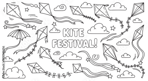 A whimsical collection of hand-drawn kites, clouds, and stars in a black and white doodle style, celebrating a fun festival with playful text on a clean white background