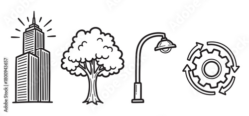 A collection of city planning and process management icons including a skyscraper, park tree, lamppost, and rotating gear symbol, drawn in a minimalist black outline style
