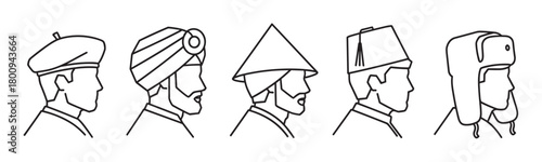 A minimalist line art illustration showing a diverse group of men in profile, each wearing different traditional cultural headwear, representing global community and multiculturalism