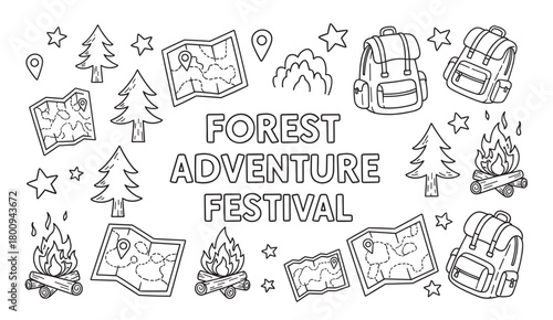 Hand-drawn doodle set for a forest adventure festival, featuring camping icons like a bonfire, backpack, map, and trees in a simple black and white line art illustration