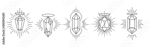 Set of five mystical crystal illustrations with shining light rays and halos in a minimalist black line art style, perfect for esoteric symbols or spiritual design elements