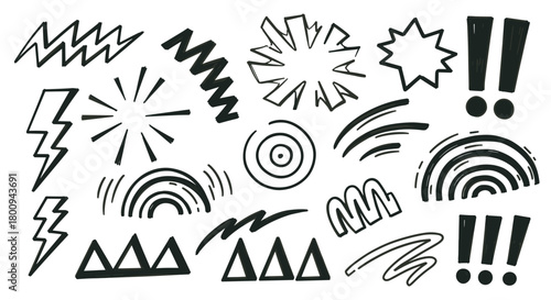 A collection of hand-drawn black doodle elements in a comic book style, featuring expressive scribbles, zigzags, explosions, and exclamation marks on a light background