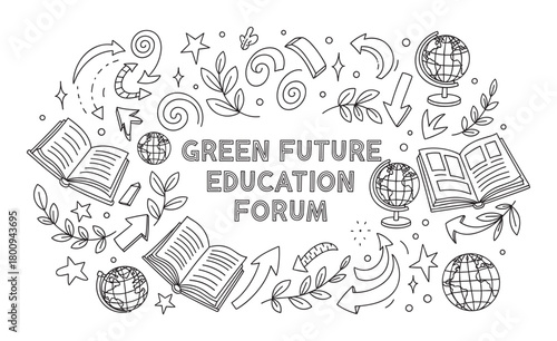 A vector doodle set on the theme of global education for a sustainable future, with black line art icons of books, globes, plants, and arrows isolated on a white background