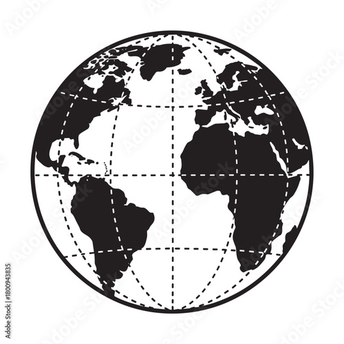 A simple black and white graphic icon of planet Earth, showing the continents as silhouettes with a dashed grid of latitude and longitude, isolated on a white background