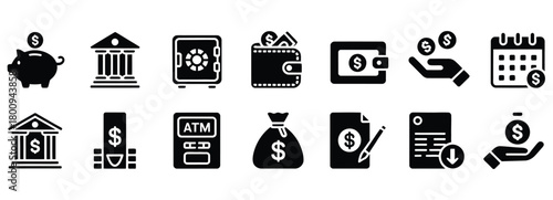 Manage your finances with these streamlined banking icons featuring savings, wealth growth, and financial security tools for your modern budgeting app or investment website