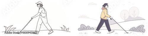 Daily Stroll with A Guiding Stick: Two individuals, captured in line art illustration, stroll leisurely along an open path, gently accompanied by the supportive guidance of a stick.