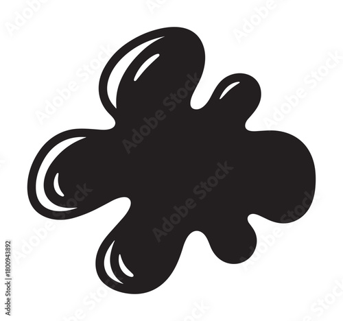 A simple graphic illustration of a black liquid splash or amorphous blob with cartoonish highlights, creating a glossy effect, isolated on a plain white background