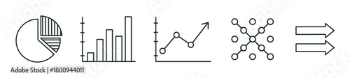 A set of minimalist black line icons representing data analysis, including a pie chart, bar graph, line chart, network diagram, and arrows on a clean white background