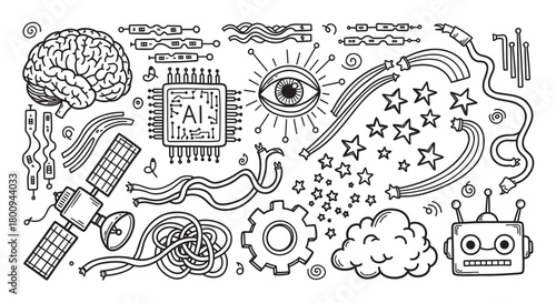 Hand-drawn doodle set illustrating concepts of artificial intelligence and technology with icons like a brain, robot, AI chip, satellite, and stars in a black line art style