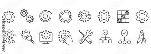 Streamline workflow with these dynamic icons representing settings, automation, development, and project launch for modern business and technology solutions