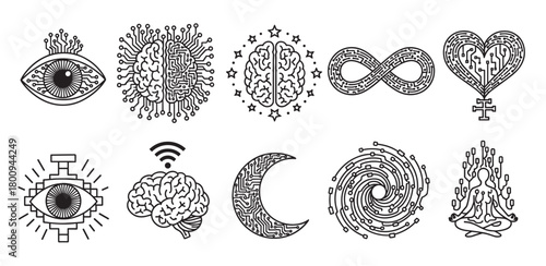 A collection of black and white line art icons blending technology and spirituality, featuring circuit board brains, eyes, hearts, and esoteric symbols on a white background