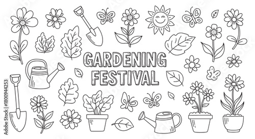 A charming black and white doodle set for a gardening event, featuring cute hand-drawn flowers, tools, butterflies, and a smiling sun, perfect for coloring pages or spring designs