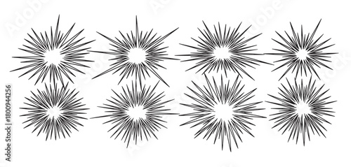 A collection of hand-drawn starburst and firework explosion shapes with spiky radiating lines, a minimalist graphic design element set isolated on a white background
