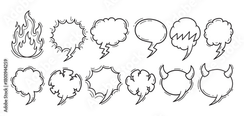 A collection of hand-drawn comic book speech bubbles, thought clouds, and angry shout balloons with fire and devil horns, isolated on a white background for dialogue and expression